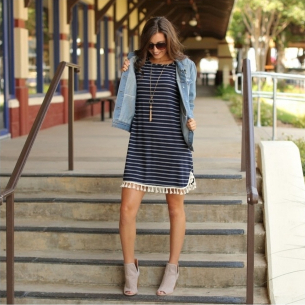 Navy Striped Tassle Hem Dress